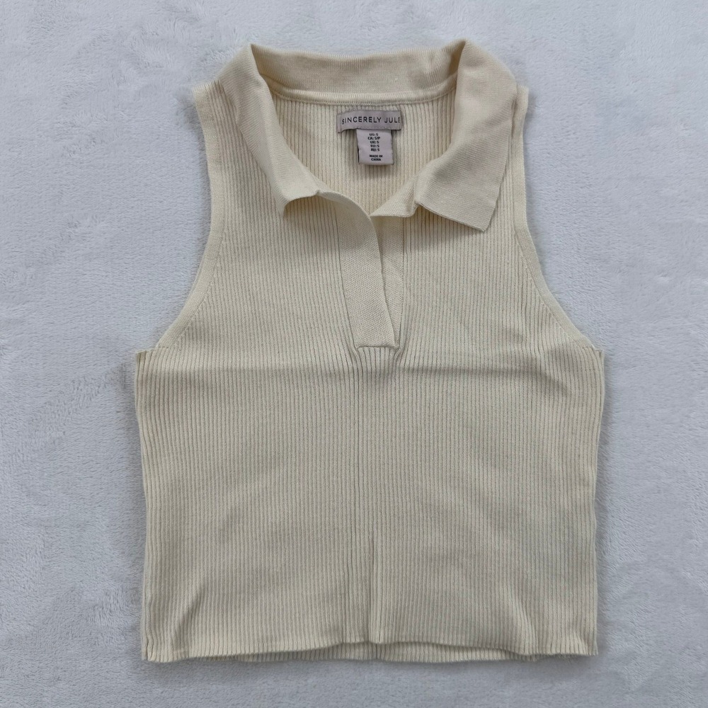Sincerely Jules Polo Top Women Small Cream Excellent Ribbed Sleeveless V-Neck